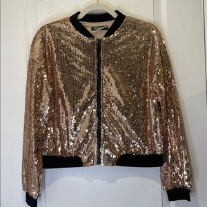 Allegra K Gold Sequin Bomber Zip Up Jacket size S
